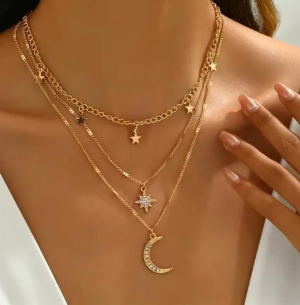 Collar 3 cadenas Luna y estrellas Acero inoxidable